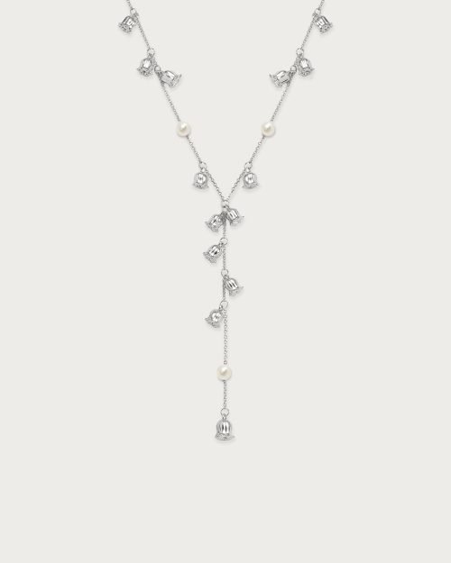 Lily of the Valley Pearl Lariat Necklace in Silver
