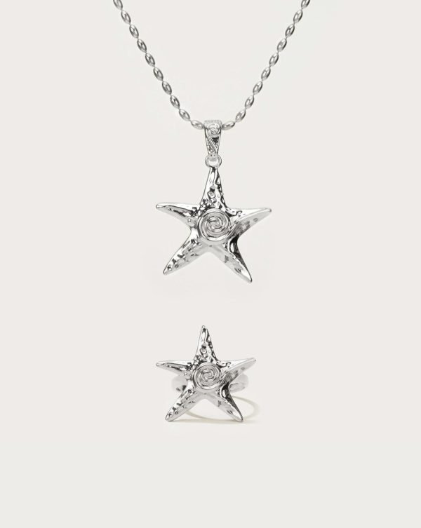Starfish Necklace & Ring Set in Silver